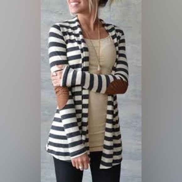 Merry Fun Womens Medium Cardigan Open Striped Long Sleeve Shirt Charcoal White - Picture 1 of 6